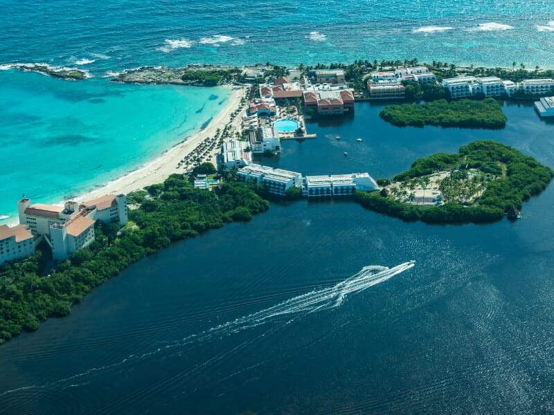 Aerial view Cancun beach and hotels