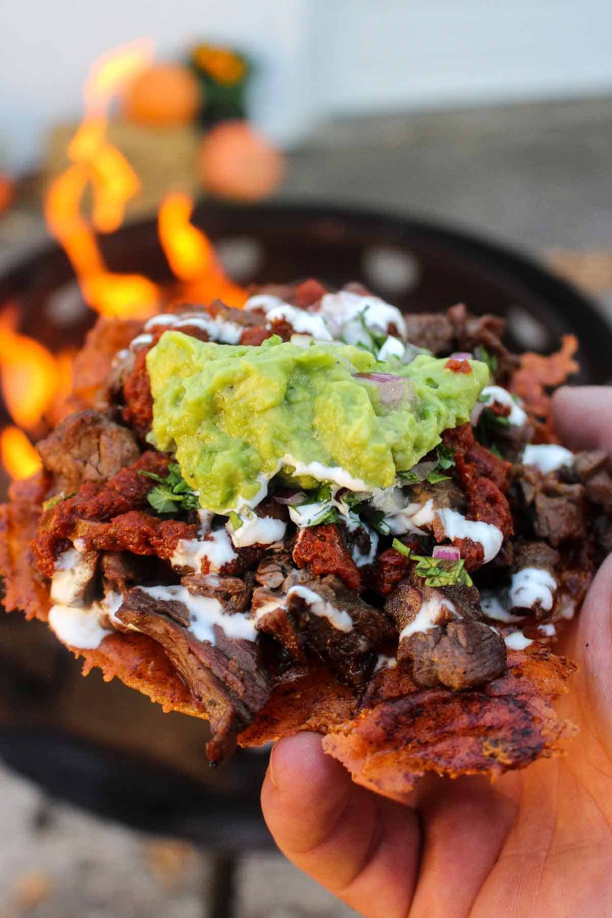 One Grilled Steak Vampiro Taco ready to consume.
