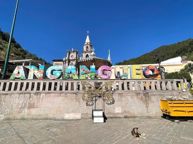 Angangueo sign with blue sky
