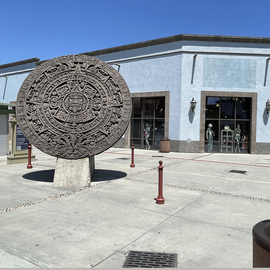 Aztec Calendar reproduction at Plaza Mexico in Lynwood, California, showcasing pre-Columbian heritage and intricate design