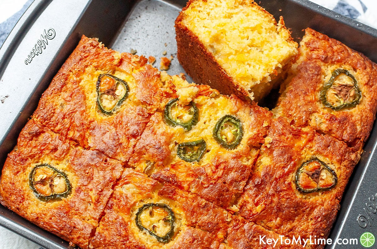 A baking dish of homemade Mexican cornbread.