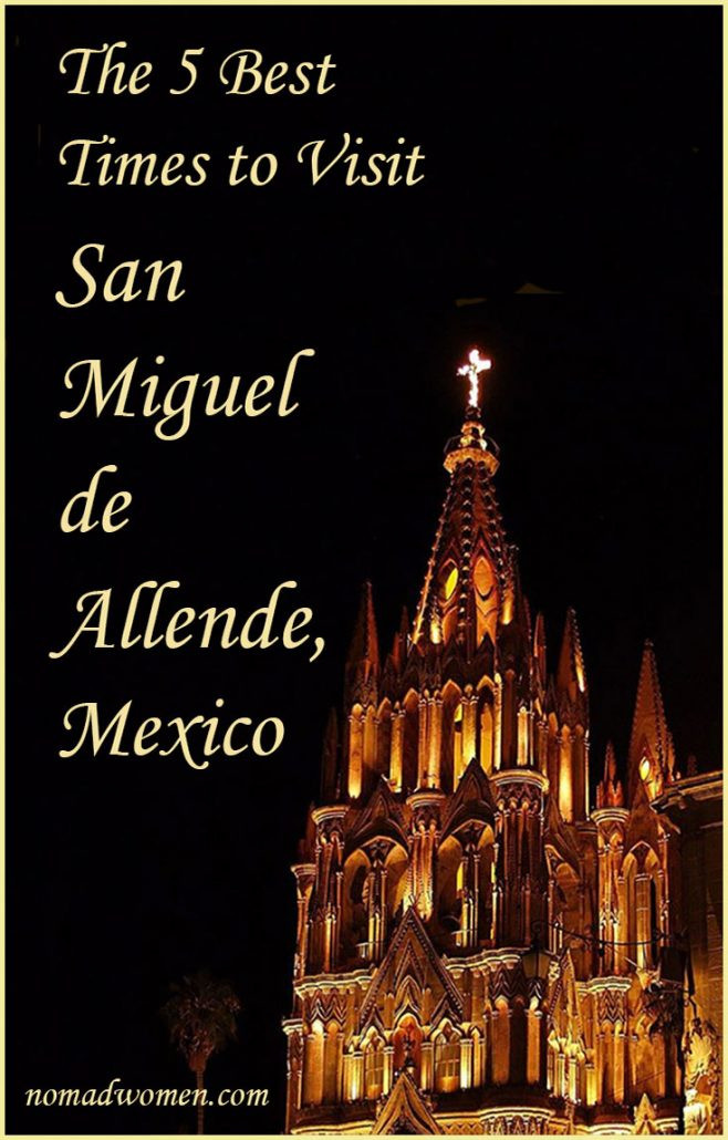 San Miguel de Allende Parroquia at dusk, showcasing the vibrant atmosphere