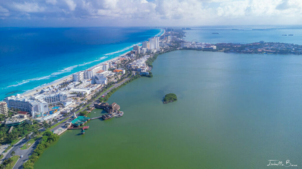 Drone view of Cancun beach and lagoon