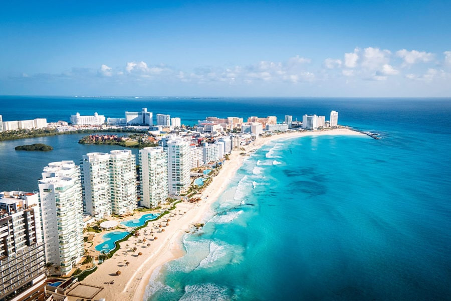Cancun coastline landscape with beaches and hotels