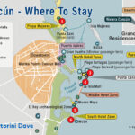 Map of where to stay in Cancun with neighborhoods, golf courses, ferries, things to do, and hotels.