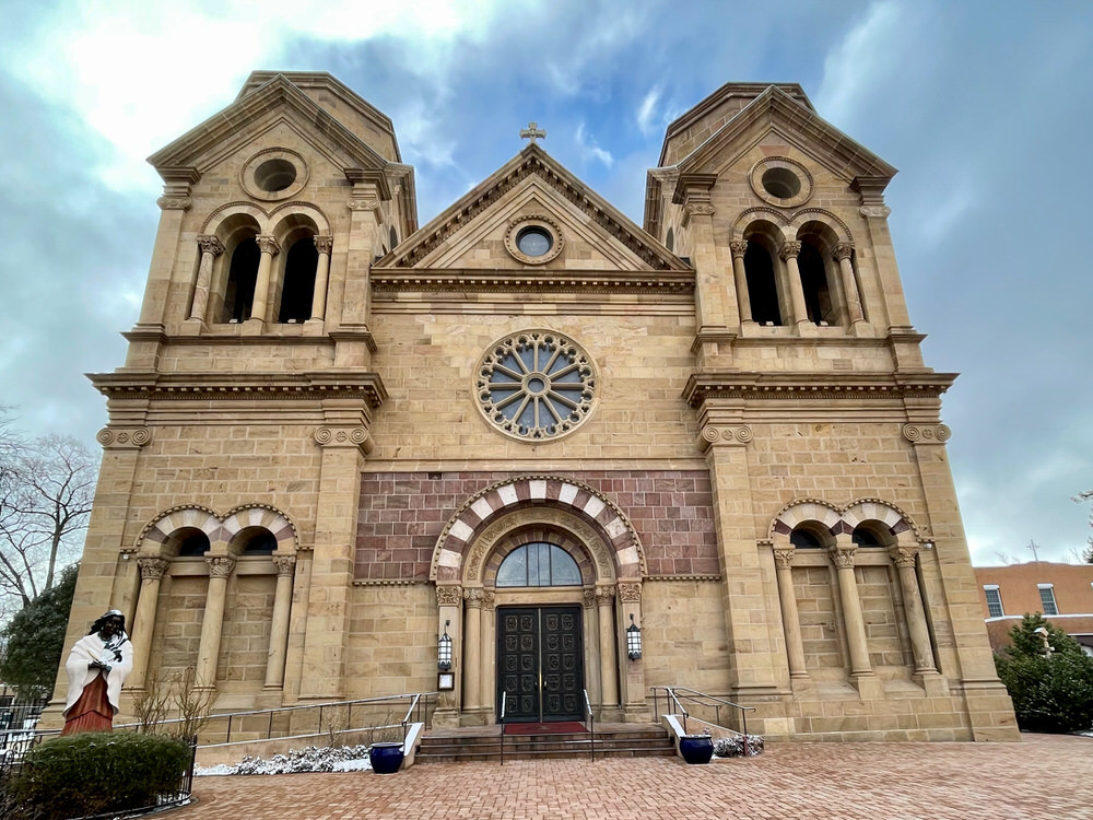 Cathedral Basilica of St Francis in Santa Fe with blue sky