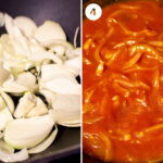 Collage of onions cooking in a pan together with tomato salsa.