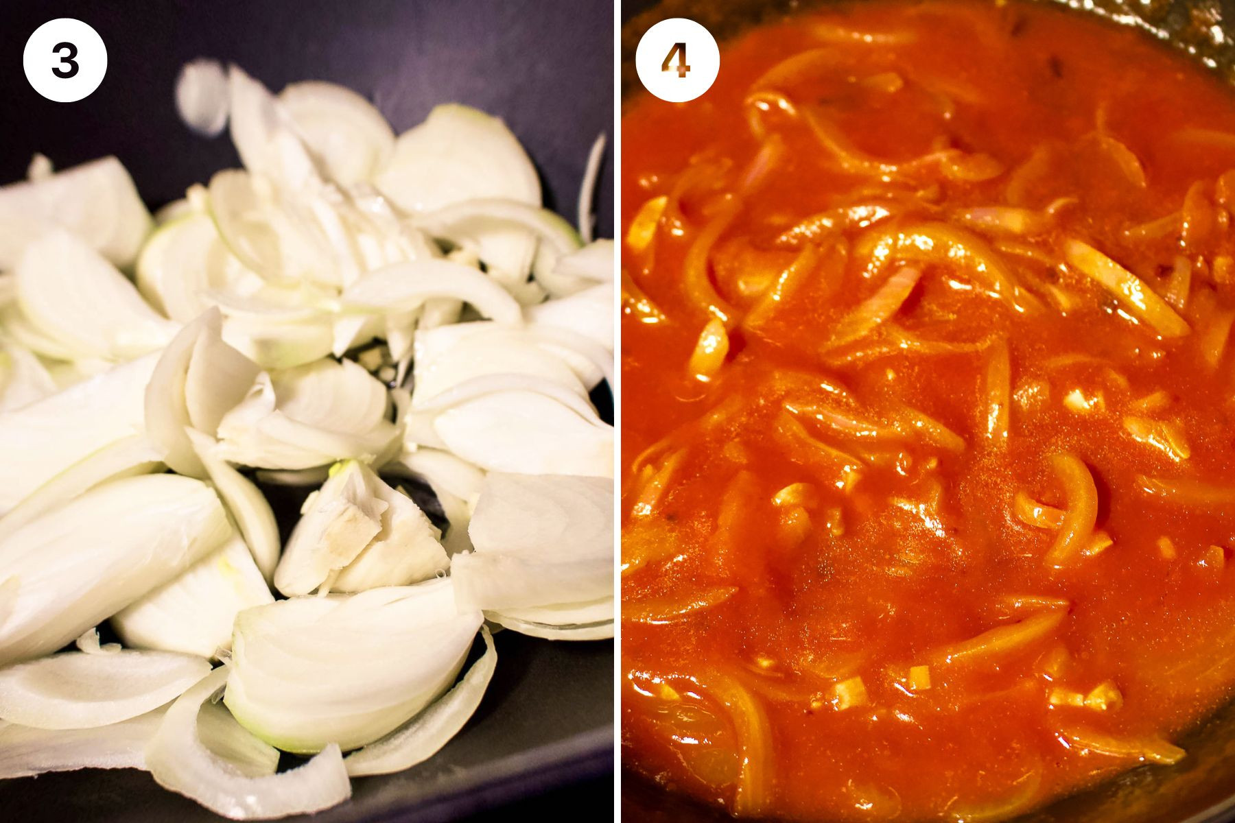 Collage of onions cooking in a pan together with tomato salsa.