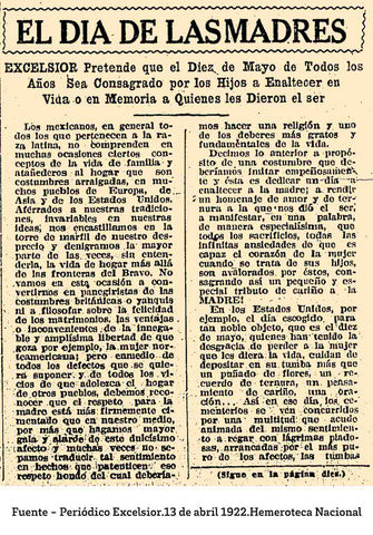 Announcement from Excelsior newspaper advocating for Mother's Day in Mexico