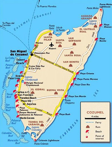 Map of Cozumel Mexico, highlighting ruins and landmarks Discover the secrets of Cozumel's ancient past and vibrant present.