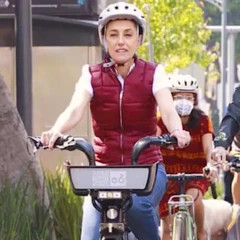 Claudia Sheinbaum riding a bicycle in Mexico City