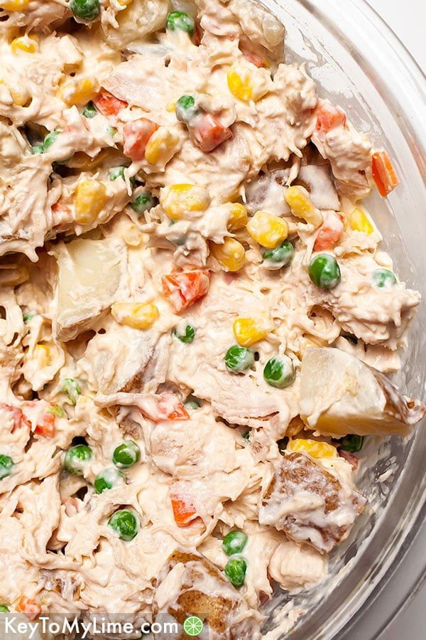 Close up of Mexican Chicken Salad with visible corn, carrots, and chicken