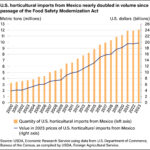 Bar and line chart showing the quantity of U.S. horticultural imports from Mexico and the value in 2023 prices of U.S. horticultural imports from Mexico.
