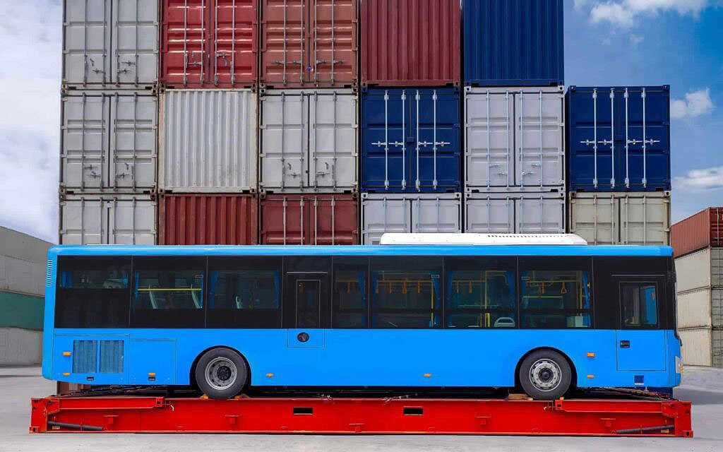 Platform/Flat rack container shipping loading truck for export at containers yard.
