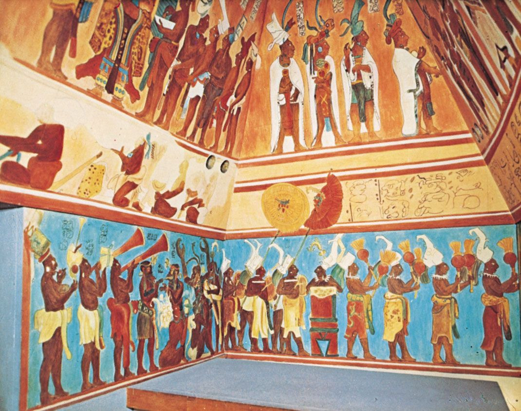 Mayan fresco from Bonampak, original c. 800 ce, reconstruction by Antonio Tejeda; in Chiapas, Mexico.