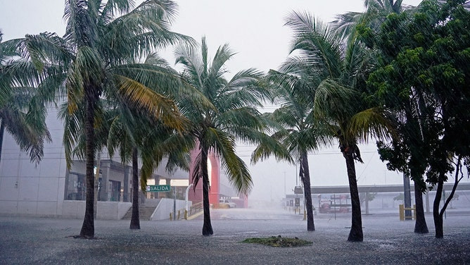 Heavy rains from Hurricane Helene fall over Cancun, Quintana Roo State, Mexico, on September 24, 2024. Highlighting storm impact on travel.