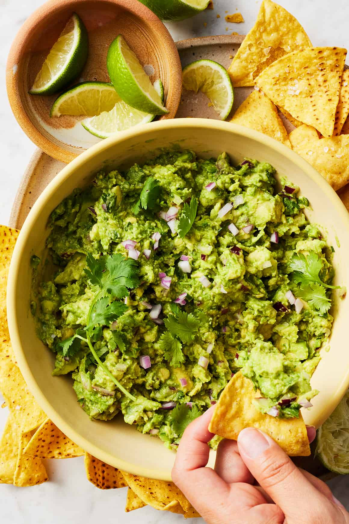 Bowl of fresh guacamole with tortilla chips surrounded by limes, cilantro, and avocados, representing the fresh ingredients and communal enjoyment of this classic dish.