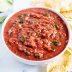 Salsa in a white bowl.