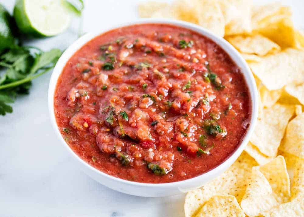 Salsa in a white bowl.