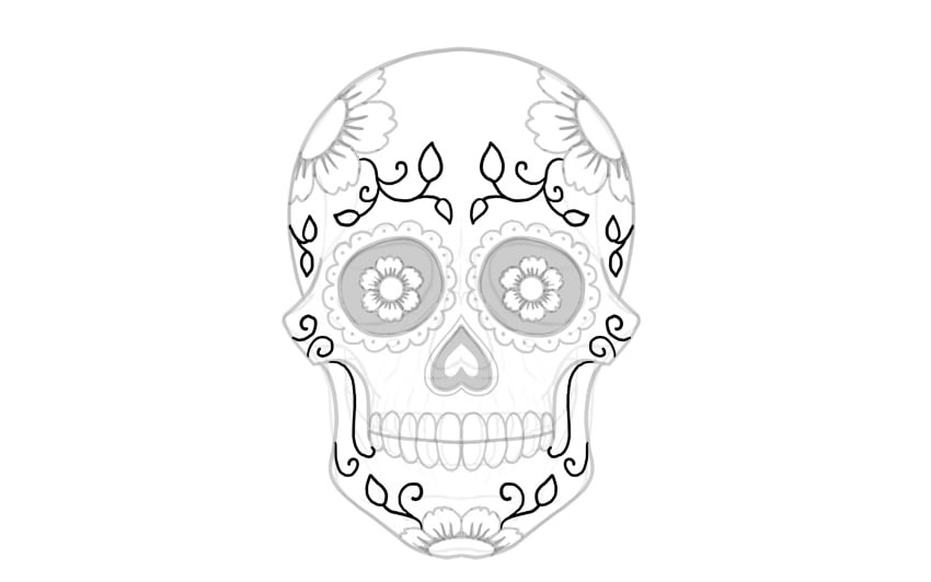 Sugar skull drawing with leaves