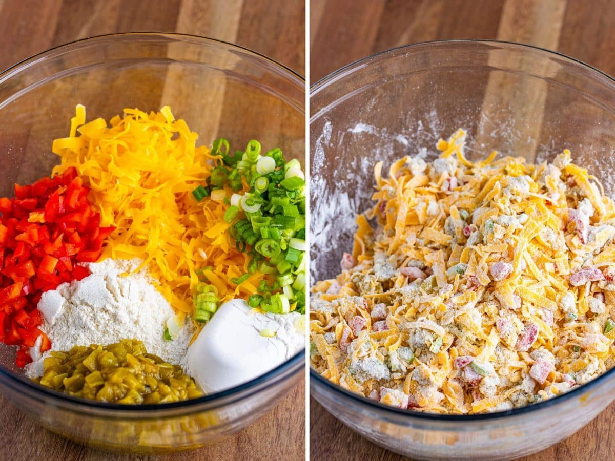 Mixing bowl filled with cornbread ingredients.