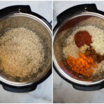 Process photos for making authentic mexican rice in the instant pot, including add the rice and toasting it and then adding tomato sauce, tomato bullion cubes, onion, garlic and carrots.