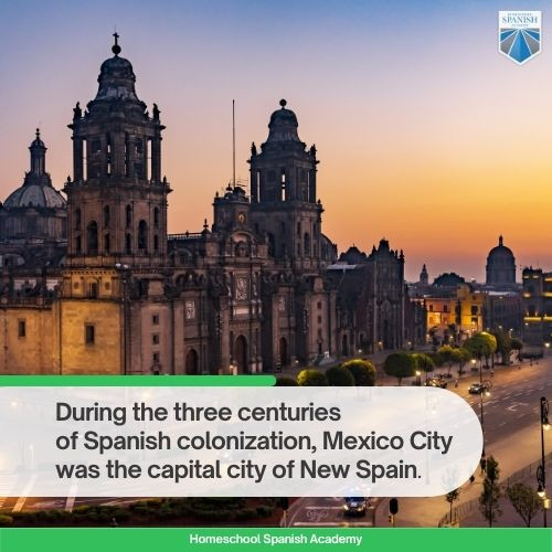Historical map showing the extent of New Spain, highlighting Mexico City as its capital and illustrating the shared history between Mexico and Central America