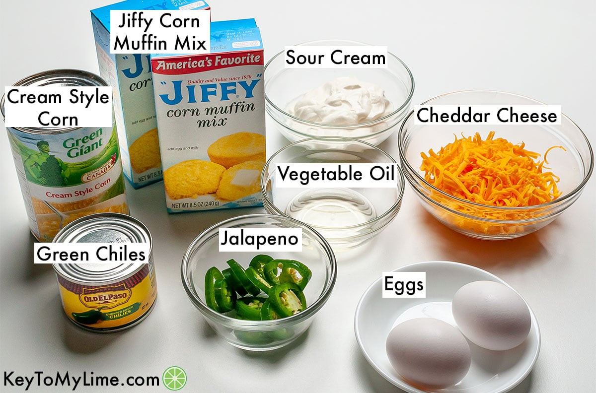 Labeled ingredients for zesty Mexican cornbread.