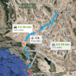 Map showing the route from Las Vegas to the Mexican border near Tijuana, highlighting major roads and landmarks along the way.