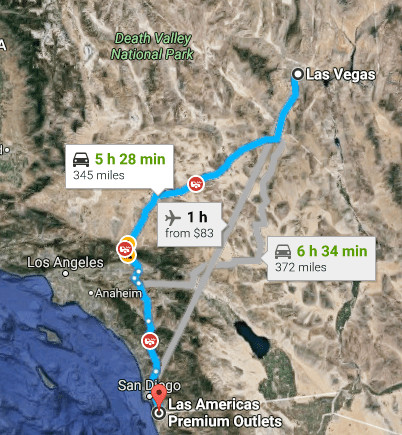 Map showing the route from Las Vegas to the Mexican border near Tijuana, highlighting major roads and landmarks along the way.
