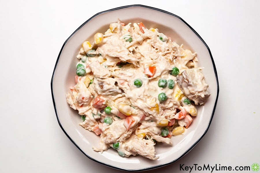 Mexican Chicken Salad in a white bowl with a black rim