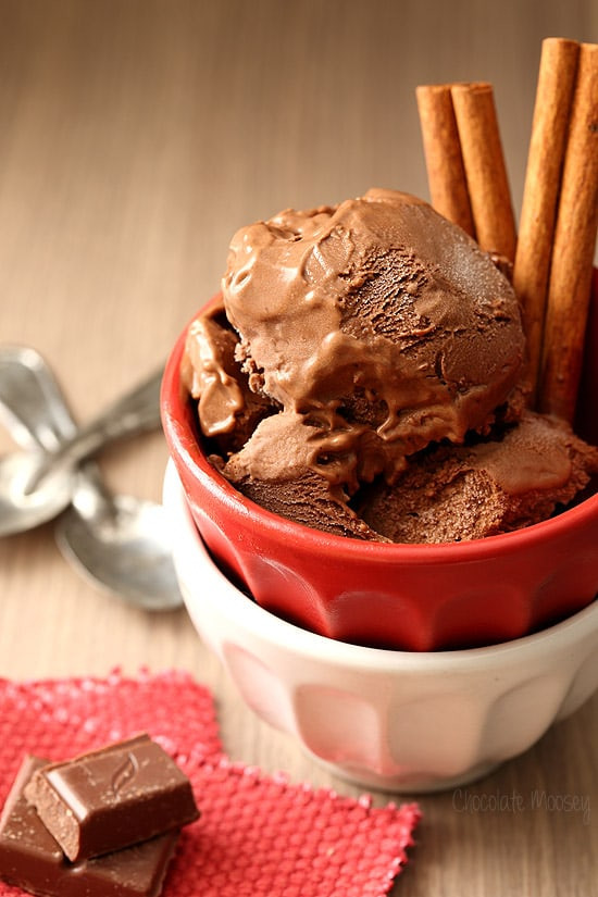 Mexican Chocolate Ice Cream with cinnamon and a hint of chili powder: A tempting scoop of homemade Mexican chocolate ice cream, adorned with a dusting of cinnamon, captures the essence of a flavorful, spiced frozen dessert. The image showcases the creamy texture and inviting blend of chocolate and spice, perfect for those seeking a unique culinary adventure.