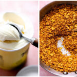Scooping vanilla ice cream and toasting corn flakes for making fried ice cream.