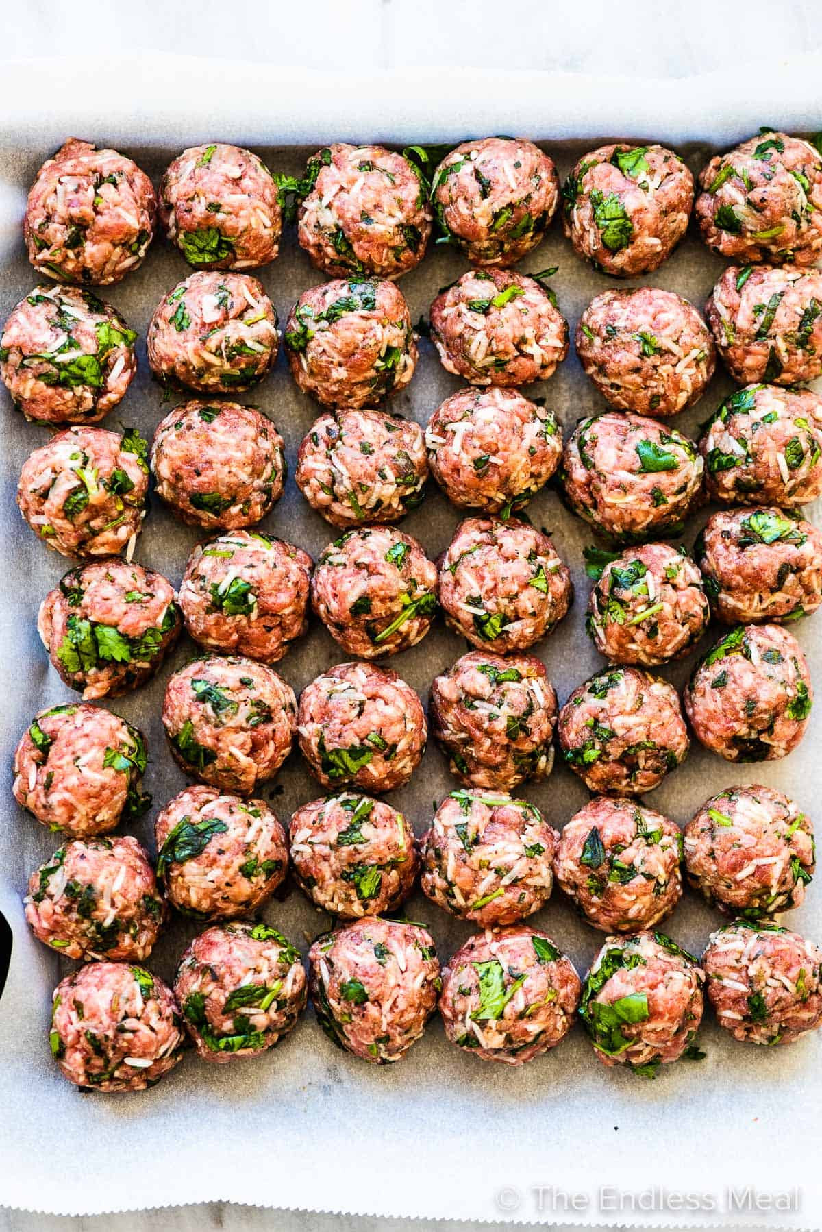 Rows of perfectly formed, uncooked albondigas meatballs, seasoned with fresh herbs and spices, ready to be added to a simmering pot of authentic Mexican meatball soup.