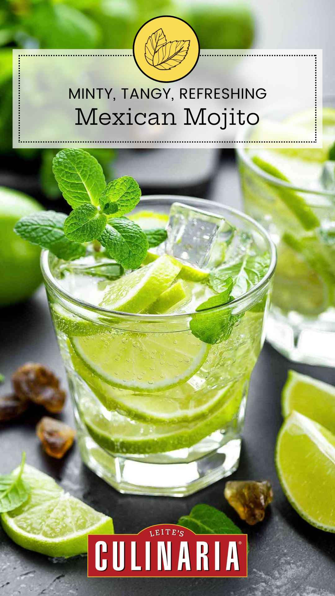 A highball glass filled with Mexican mojito, made with tequila, soda, lime slices, mint sprigs, and ice cubes.