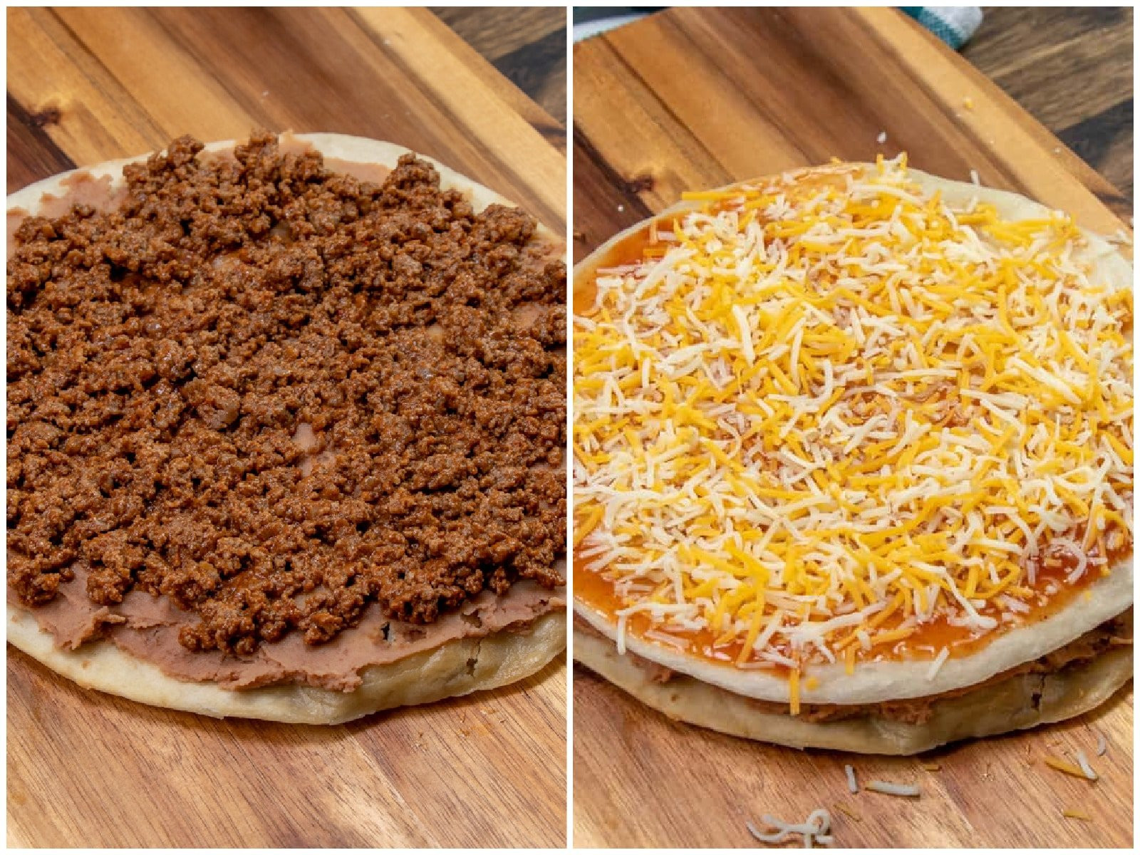 Two uncooked Mexican pizzas, showing the layers of refried beans, ground beef, and cheese before baking.