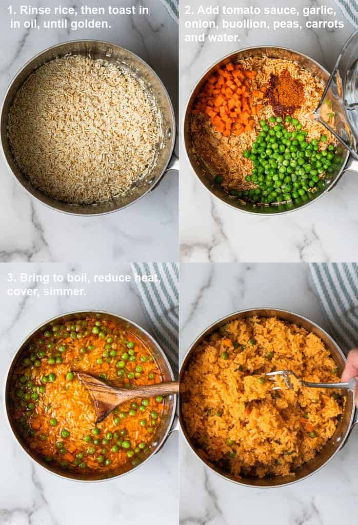Four process photos for making Mexican rice, with instructions on each photo.