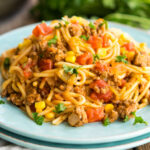 Mexican Spaghetti on a Blue Plate