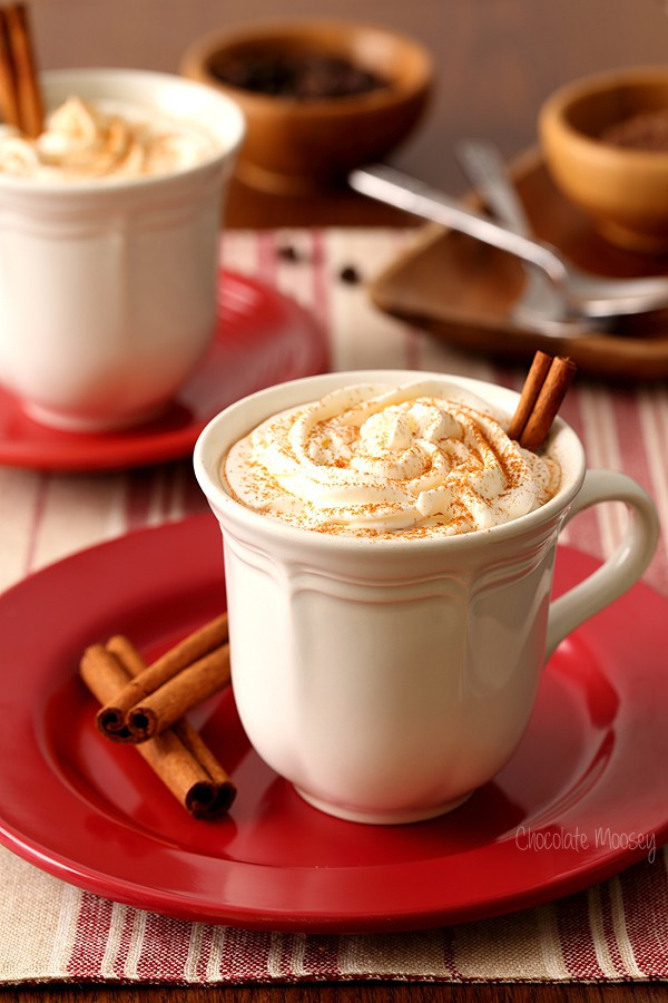 Mexican Mocha in a white mug on a red plate. The warm beverage is garnished with whipped cream and a sprinkle of cinnamon, ready to be enjoyed.