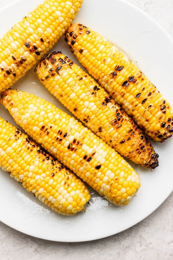 Grilled corn on a plate, showing char marks