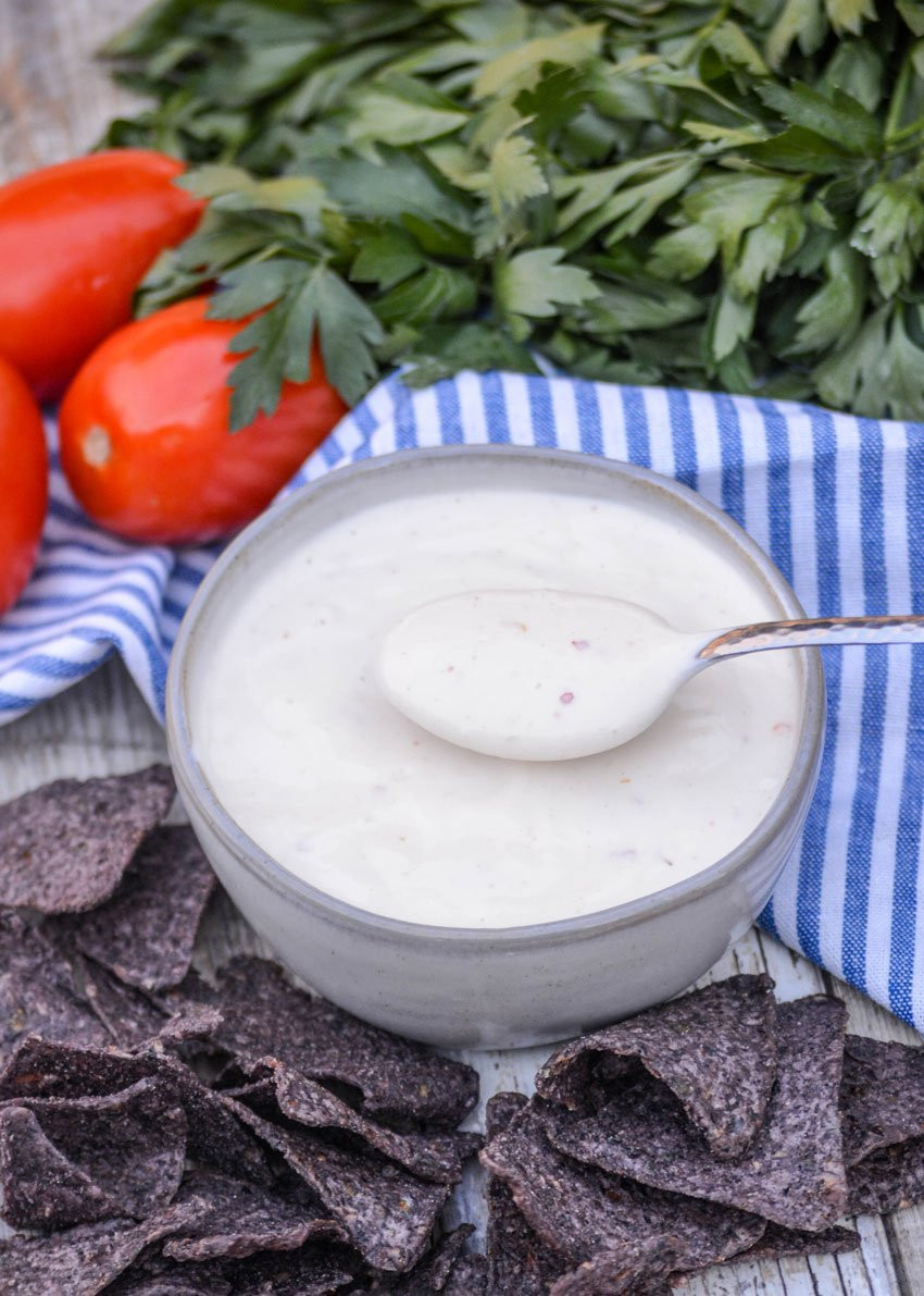 a silver spoon holding up a scoop of white salsa above a small gray bowl