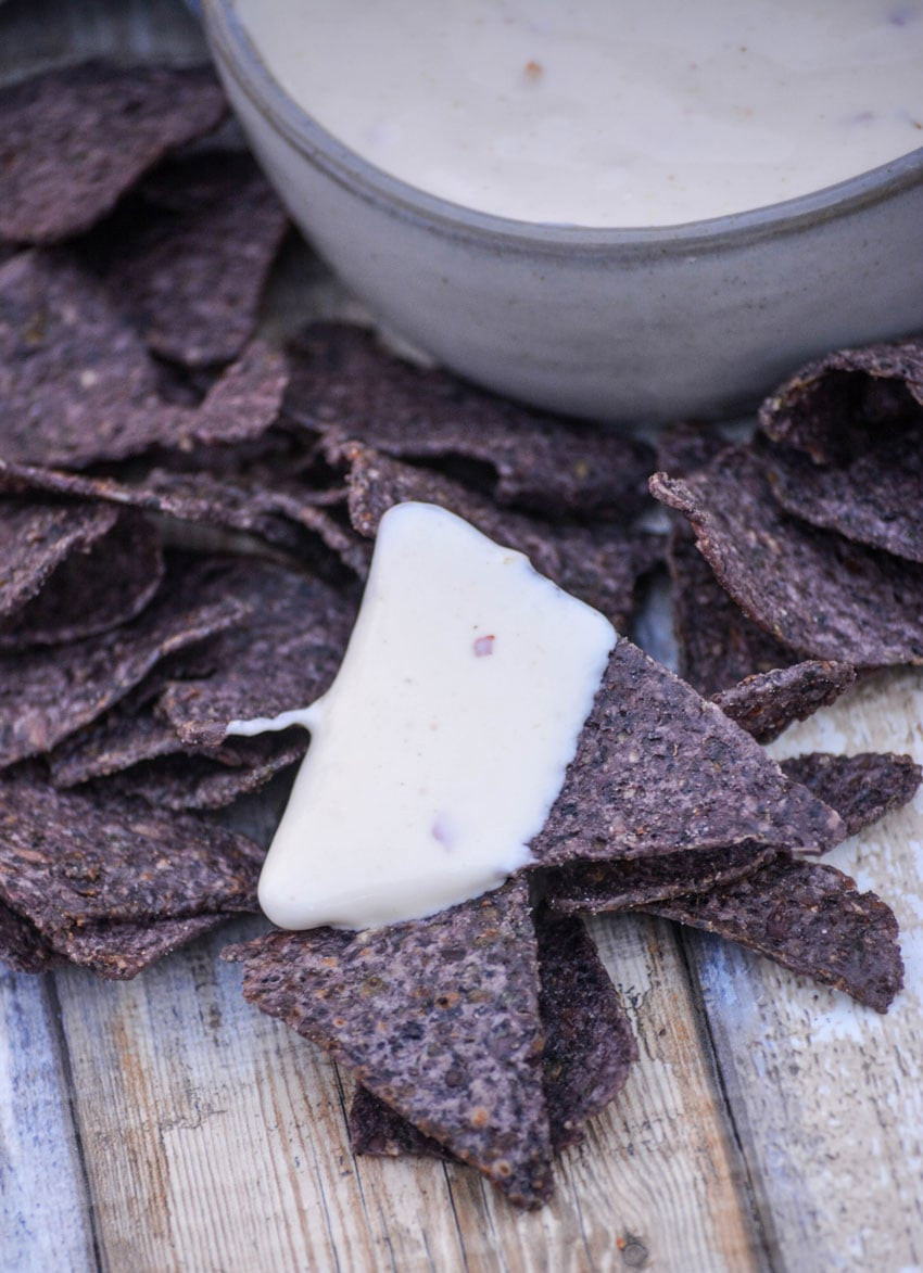 Blue corn chips with Mexican white sauce