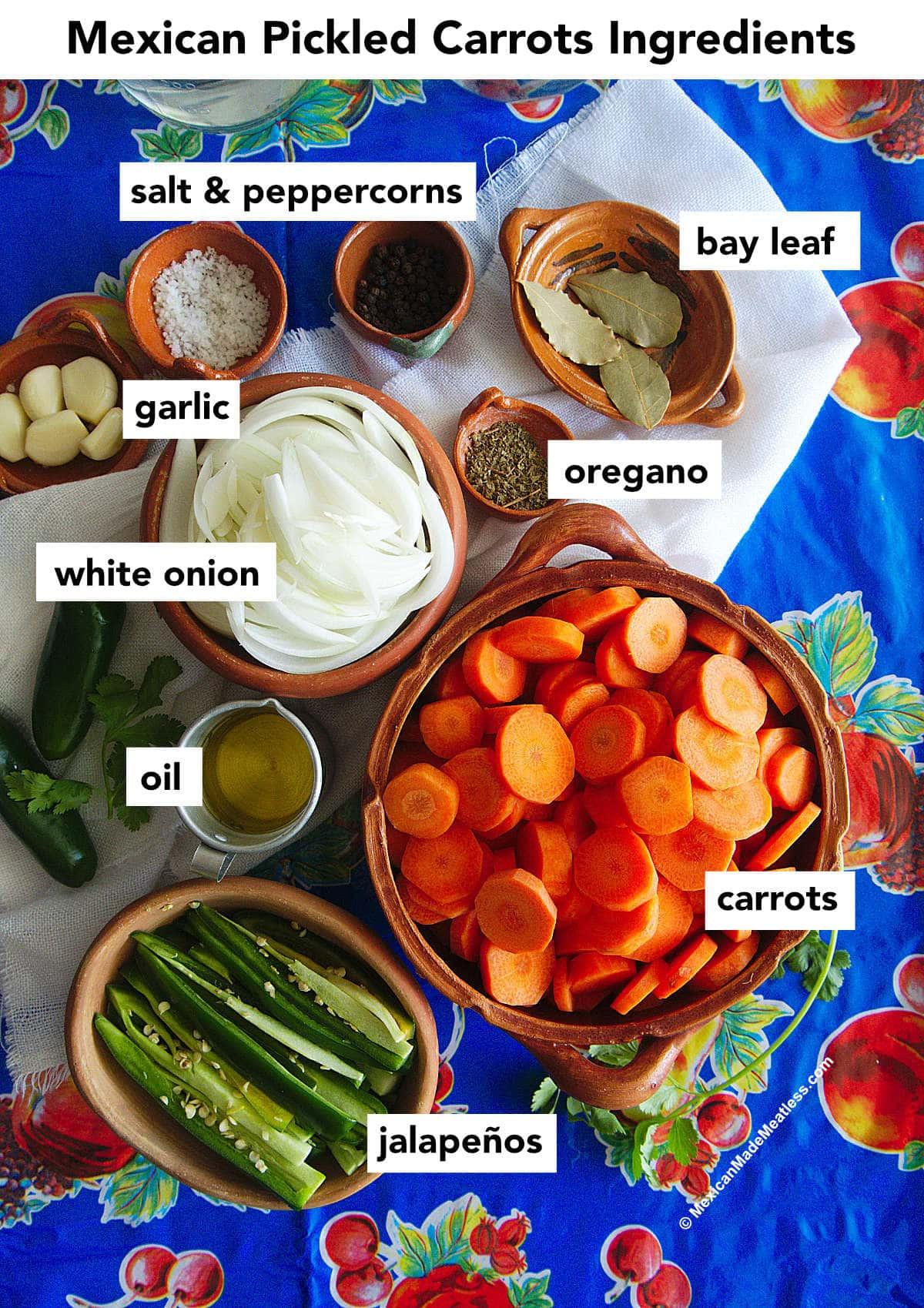 A vibrant display of Mexican Pickled Carrots Ingredients, including carrots, jalapeños, onions, and spices.