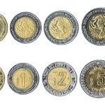 Mexican coins featuring the national coat of arms and varying denominations, including centavos and pesos, set against a backdrop of vibrant Mexican textiles and crafts