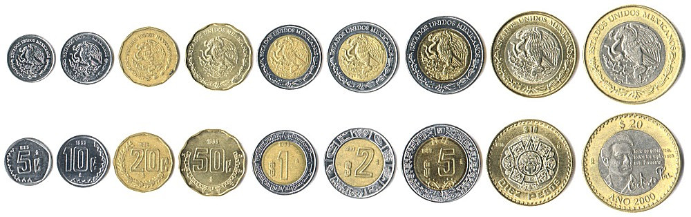 Mexican coins featuring the national coat of arms and varying denominations, including centavos and pesos, set against a backdrop of vibrant Mexican textiles and crafts