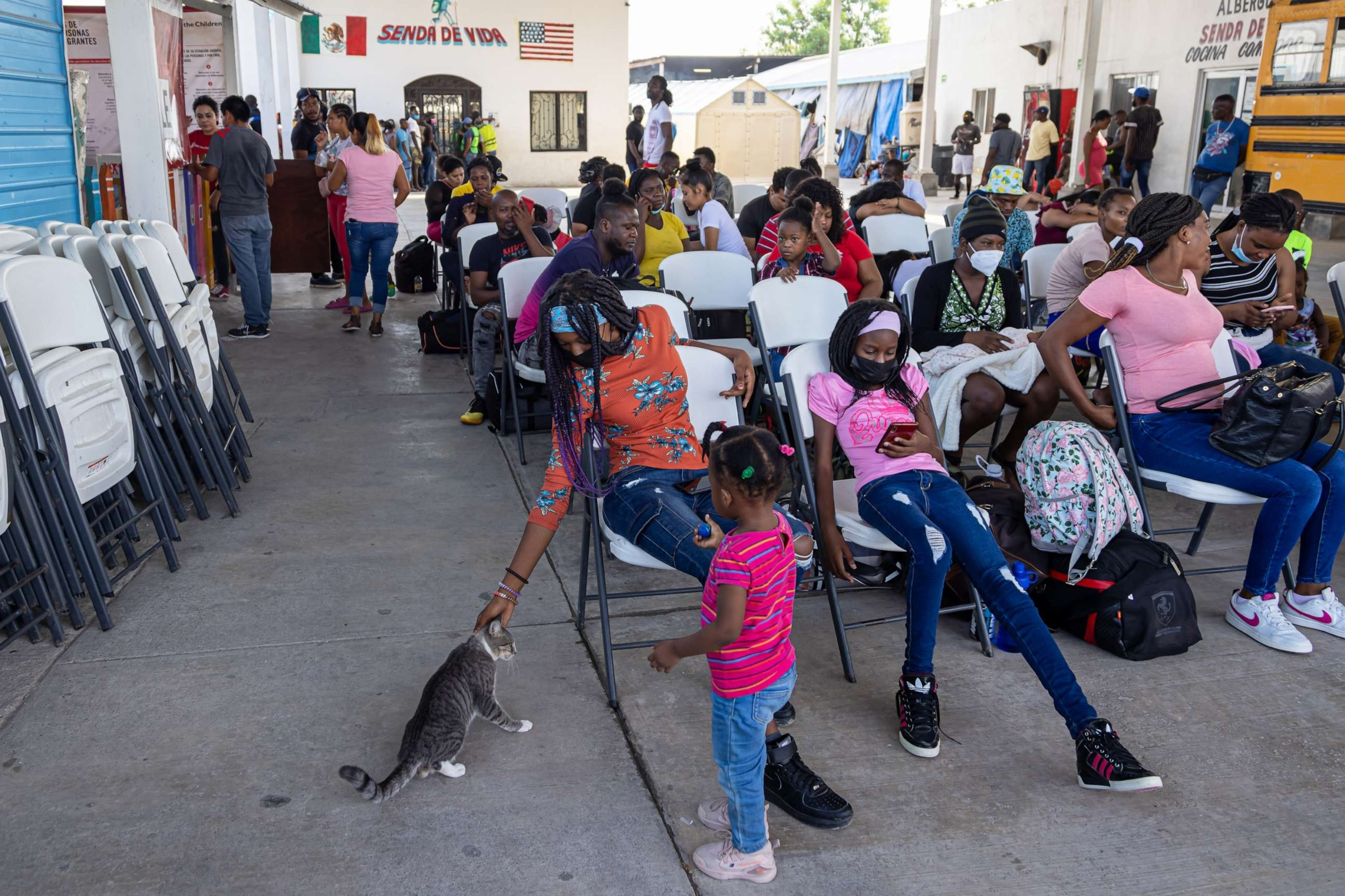 In this Aug. 30, 2022, file photo, two migrants interact with a stray cat as they wait with other migrants at the Senda de Vida shelter in Reynosa, Mexico.