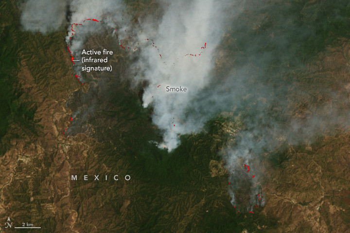 Smoke billows from a fire near the border of Oaxaca and Chiapas, Mexico, captured by Landsat 9 on March 27, 2024, highlighting the severity of the 2024 fire season.