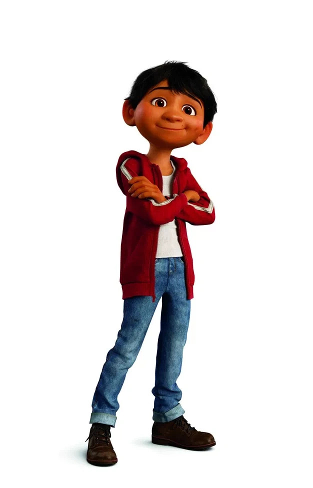 Miguel Rivera strums a guitar in a brightly colored still from Coco