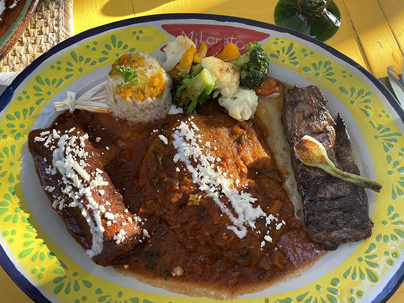 A plated meal featuring grilled steak, enchiladas with a rich red sauce topped with cream and cheese, a small portion of rice garnished with vegetables, and a side of roasted broccoli, cauliflower, and bell peppers, Mi Loreto offering a rich combination of Mexican flavors in a cozy setting.