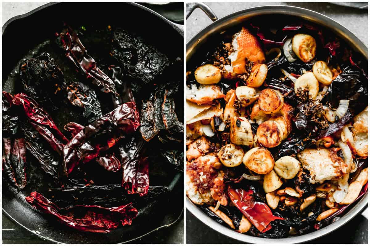 Two images showing chilies being sautéed in a pan, then all of the ingredients sautéed for the best Mole recipe. 